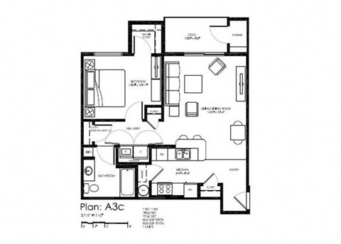 Floor plan for 1 bed, 1 bath, 787 sqft